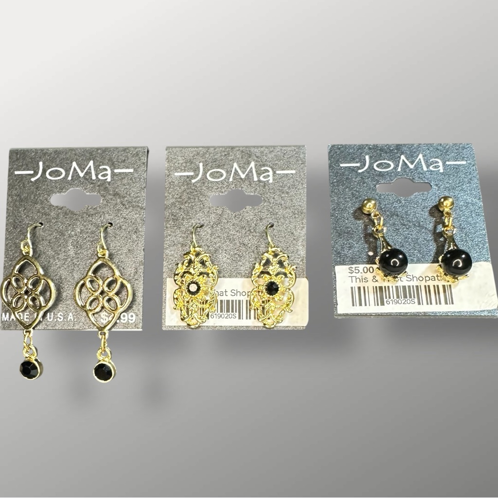 Nwt Joma Gold & Black Dangle Earrings Set Of 3 Nwt Hook & Stud Styles